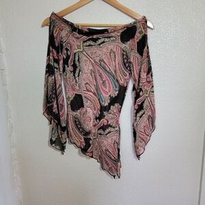 y2k Xi Sheer Asymmetrical Paisley Blouse XS Black Pink Feminine Fairy Grunge